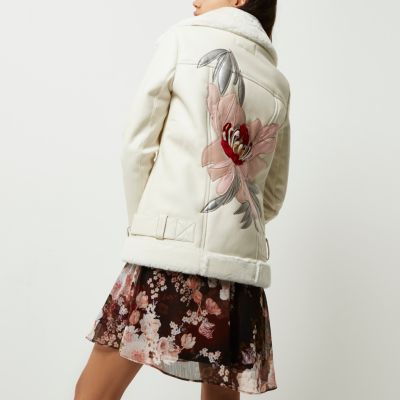 Cream faux leather floral back aviator coat